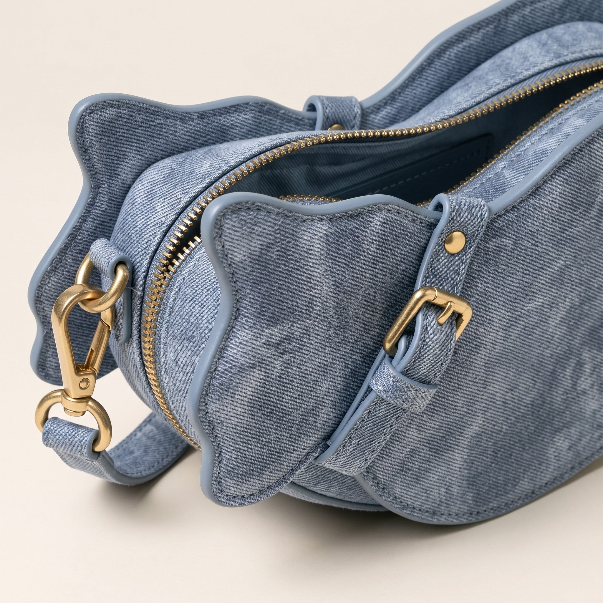 Cat Shaped Leather Crossbody Bag in Vintage Denim | Raw & Radiant